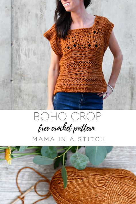 How To Crochet A Summer Boho Top - Free Pattern Mama In A Stitch Free Crochet, Boho Crochet Top Pattern Free, Granny Square Crochet Top Free Pattern, Crochet Patterns Shirt, Crochet Womens Tops, Crochet Tee Pattern, Mama In A Stitch, Boho Tops Summer, Boho Crochet Top