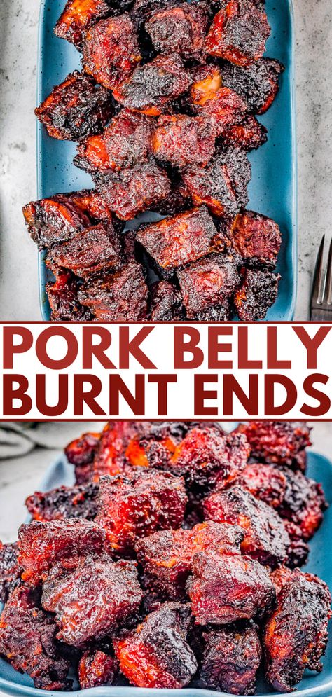 Grilled Pork Belly Recipes, Pork Burnt Ends, Pork Belly Bites, Pork Belly Recipes Crispy, Pork Belly Burnt Ends, Averie Cooks, Smoked Food, Pork Belly Recipes, Burnt Ends