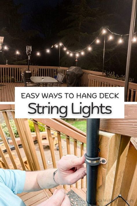 Best ways to hang string lights on deck Deck Posts For Lights, Best Way To Hang Outdoor String Lights, Shepard Hook Patio String Lights, Outdoor Deck String Lights, Deck Lights Ideas Outdoor, Back Porch Hanging Lights, Decking Lights Ideas Outdoor, Decking Lights Ideas, Deck With Hanging Lights