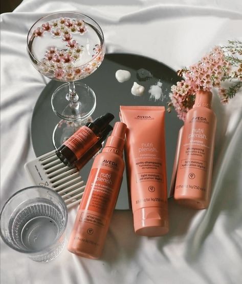 Hair Products Aesthetic Photography, Aveda Aesthetic, Superfood Fruits, Aveda Hair Products, Creative Flatlay, Aveda Shampoo, Aveda Products, Hairstylist Branding, Aveda Hair