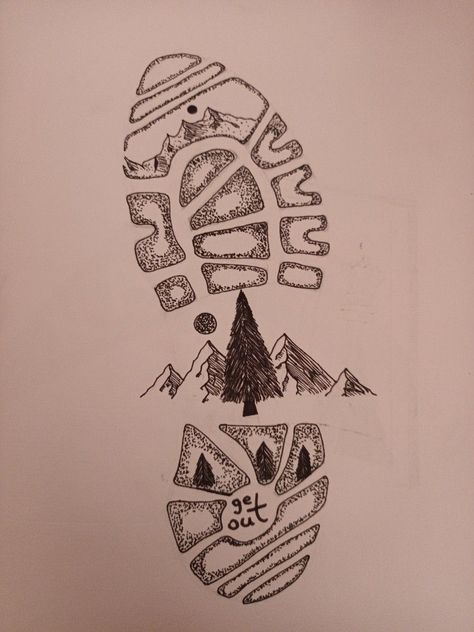 Trekking Tattoo Ideas, Hiking Boot Drawing, Hiker Tattoo Ideas, Hiking Boots Drawing, Hiking Boot Tattoo, Hike Tattoo, Backpacking Tattoo, Samson Tattoo, Hiking Drawing