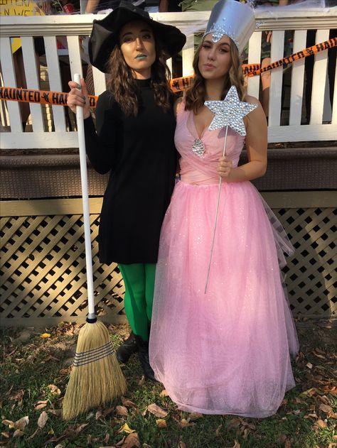 Good Witch And Bad Witch Halloween Costume, Wicked Witch And Good Witch Costume, Musical Costumes Ideas, Wizard Of Oz Witch Costume Diy, Diy Glinda Costume, Halloween Costumes Musicals, Diy Wicked Witch Of The West Costume, Wicked Witch And Glinda Costume, Wicked Costumes Diy