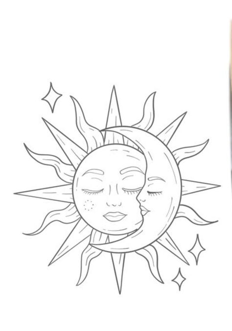 Sun And Moon Stencil Tattoo Ideas, Moon And Sun Drawing Simple, Sun And Moon Tattoo Stencil, Celestial Sun And Moon Art, Tattoo Sol E Lua, Sun And Moon Drawing, Luna Tattoo, Line Drawing Tattoos, Moon Sun Tattoo