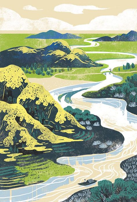 Hills Illustration, River Illustration, Chinese Style Illustration, Water Spring, Best Landscape, Spring Illustration, Water Illustration, Bg Design, Mountain Illustration