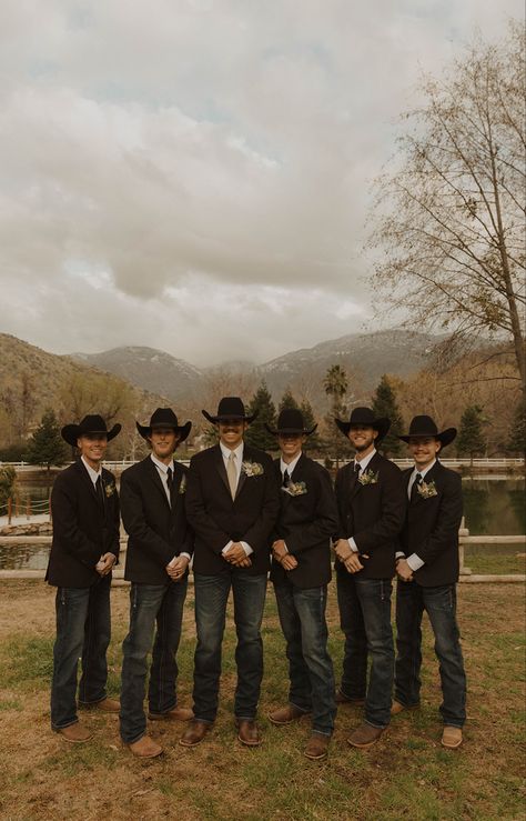 Dark Green Country Wedding, Black Western Groom Attire, Suit With Boots Men Wedding, Western Wedding Bridesmaids And Groomsmen, Cowboy Wedding Groomsmen, Wedding Themes Western, Black Cowboy Hat Wedding, Western Groom Attire Country Weddings, Country Wedding Simple