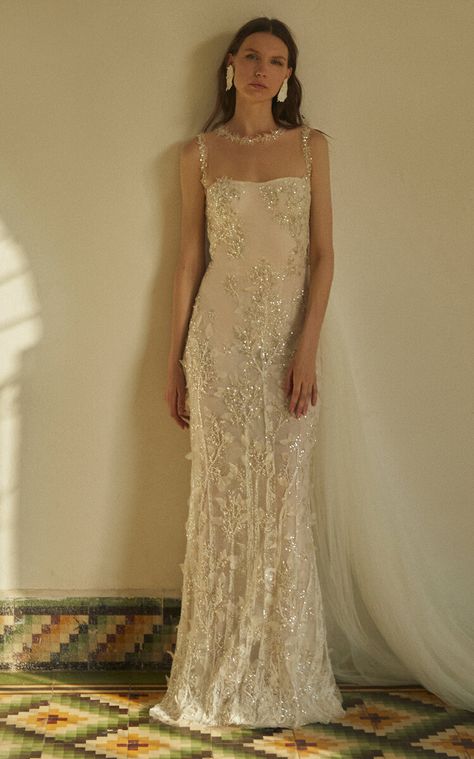 Alheli Crystal Adorned Tulle Gown By Francesca Miranda | Moda Operandi Unique Romantic Wedding Dress, Mesh Bridal Dress, Interesting Wedding Dresses, Markarian Bridal, Maximalist Wedding Dress, Funky Wedding Dress, Celestial Gown, Wedding Dress Embroidery, Carolina Herrera Bridal