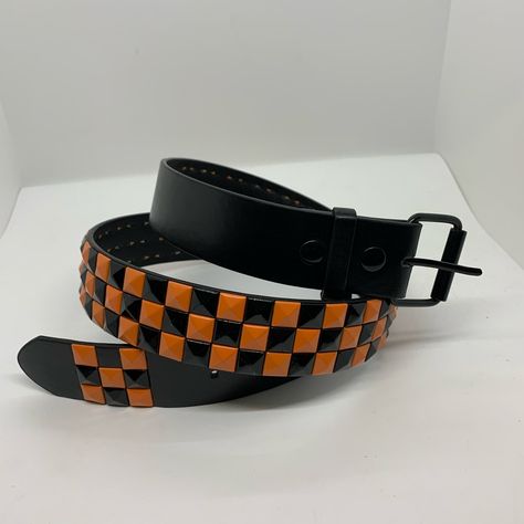 New Unisex Mens Women Orange Pyramid Studded Belt With Snap Open Removable Buckle So You Can Switch And Add Your Favorite Buckles To Your Signature Look New Unisex Mens Women Pyramid Studded Belt With Snap Open Removable Buckle So You Can Switch And Add Your Favorite Buckles To Complete Your Signature Style The Belts Only Say S/M/L/Xl So I Listed The Length In Inches Xl Measures 46” In Length L Measures 43” In Length M Measures 39” In Length S Measures 35” In Length Scene Belt, Gear Belt, Orange Accessories, Scene Goth, Oc Stuff, Festival Gear, Studded Belt, Punk Outfits, Emo Goth