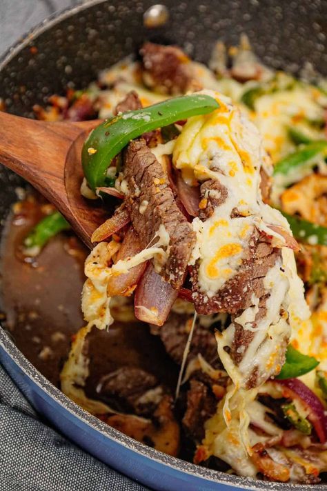 Philly Cheese Steak Skillet is a hearty dish loaded with steak strips, green bell peppers, red onions, sliced mushrooms and topped with a blend of mozzarella and provolone. Philly Cheese Steak Casserole Recipe, Best Philly Cheesesteak, Philly Cheesesteak Casserole, Cheesesteak Casserole, Steak Casserole, Philly Cheese Steak Casserole, Keto Casserole, Cheese Steak, Philly Cheese