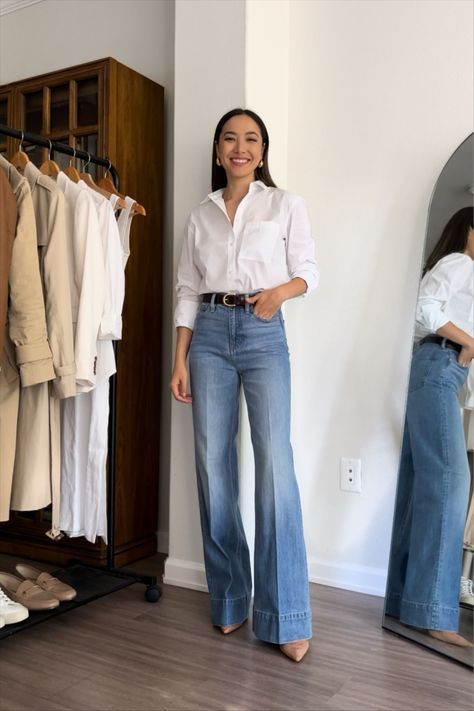 White Button Shirt And Jeans Outfit, White Shirt With Jeans Women, Poplin Button Down Shirt Outfit, White Shirt And Wide Leg Jeans Outfit, Fall Denim Shirt Outfit, White Jeans Blue Shirt Outfit, Blue Poplin Shirt Outfit, Fall 2024 Womens Fashion, Jeans Shirt Women Casual