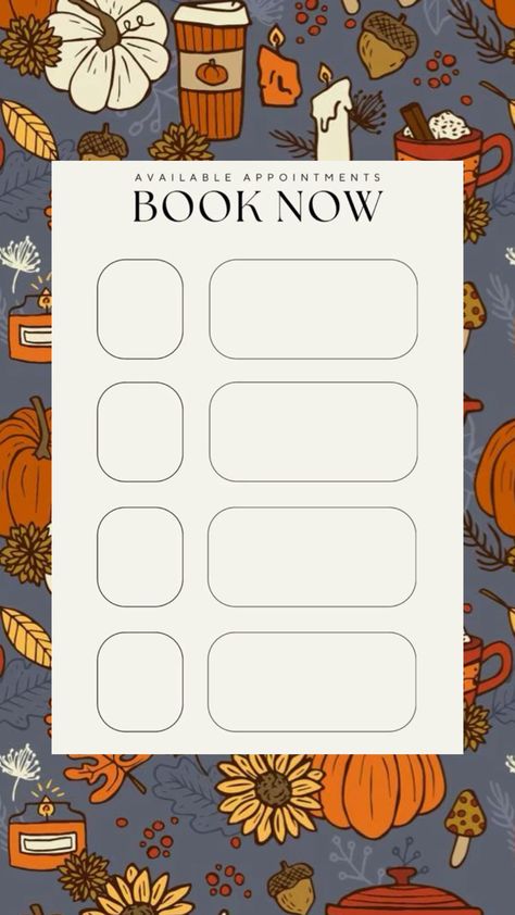 Thanksgiving/fall booking appointments Available Appointments Template, Available Appointments, Fallen Book, Appointments Available, Bullet Journal Lettering Ideas, Cosmetology, Lashes, Bullet Journal, Thanksgiving