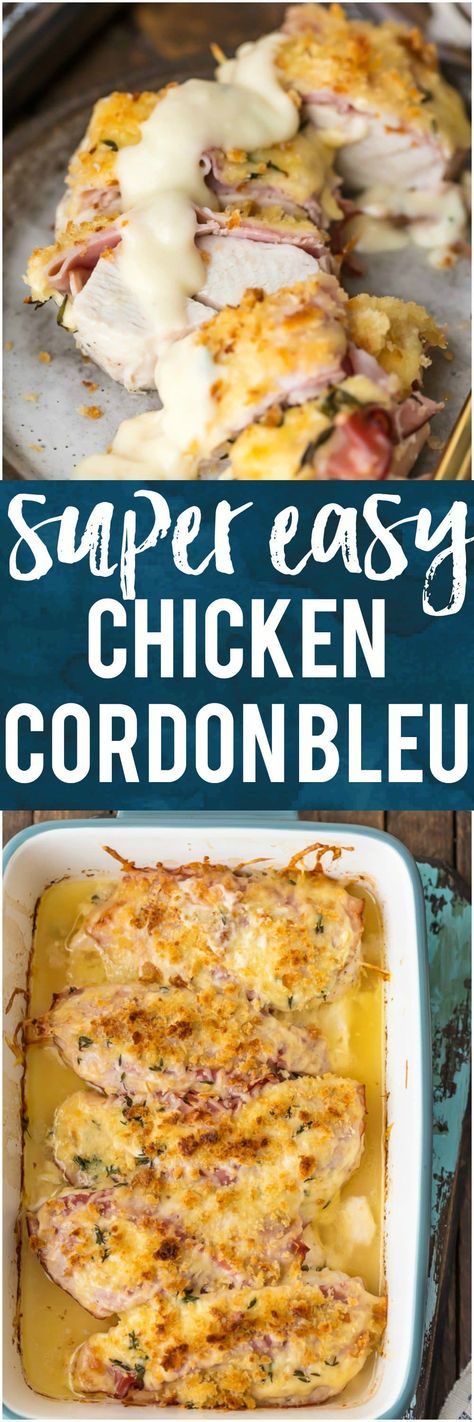 This EASY CHICKEN CORDON BLEU is my favorite recipe for entertaining a crowd. Layers of chicken, ham, cheese, bread crumbs, and delicious white wine dijon sauce. There's no reason to make the fussy version when you have this simple recipe that's just as delicious. #chicken #ham #cheese Easy Chicken Cordon Bleu, Chicken Entree, Dijon Sauce, Cordon Blue, Chicken Ham, Cheese Wine, Chicken Entrees, Chicken Cordon, Ham Cheese