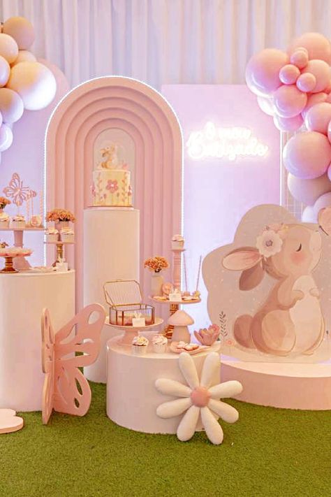 Don't miss this adorable bunny-themed baptism! What a wonderful dessert table! See more party ideas and share yours at CatchMyParty.com Bunny Decorations Party Ideas, Bunny Baby Shower Decorations, Bunny Birthday Party Decorations, Bunny Themed Birthday Party, Bunny Themed Party, Bunny Backdrop, Bunny Desserts, Baptism Themes, Baptism Party Ideas