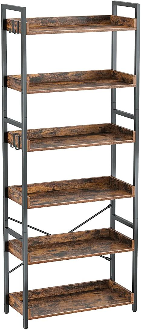 Amazon.com: Rolanstar 6 Tier Bookshelf, Industrial Wood Bookcase with 4 Hooks, Vintage Storage Rack with Open Shelves, Rustic Standing Bookshelves Metal Frame Display Rack for Living Room,Bedroom, Rustic Brown : Home & Kitchen Standing Bookshelves, Industrial Storage Racks, Standing Bookshelf, Mid Century Bookcase, Lounge Diner, Store Shelves Design, Produce Displays, Gaming Tables, Industrial Bookcases