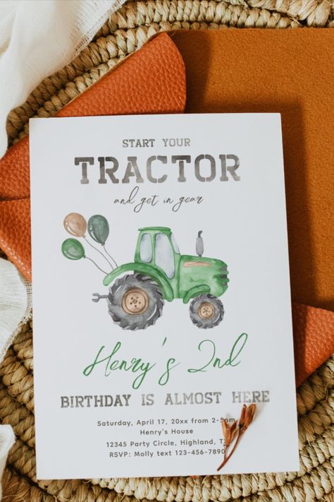 Tractor Birthday Invitation | Tractor Invitation Tractor Birthday Party Invitation Ready to be personalized by you! #birthday #happybirthday #birthdaycards #birthdayparty #2ndbirthday Tractor Invitations, Watercolor Tractor, Tractor Birthday Invitations, John Deere Birthday Party, Boy 2nd Birthday, John Deere Birthday, Tractor Birthday Party, Tractor Party, Second Birthday Ideas