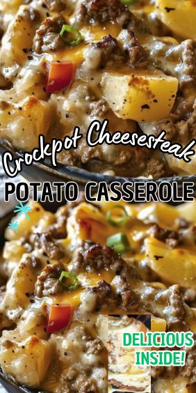 Crockpot Cheesesteak Potato Casserole Slow Cooker Meals With Potatoes, Potato Crockpot Recipe, Crockpot Twice Baked Potato Casserole, Crockpot Loaded Steak And Potato Bake, Frozen Potato Crockpot Recipes, Potato Haystack Casserole, Frozen Slow Cooker Meals, Crockpot Cheesesteak Potato, Crock Pot Hamburger Casserole