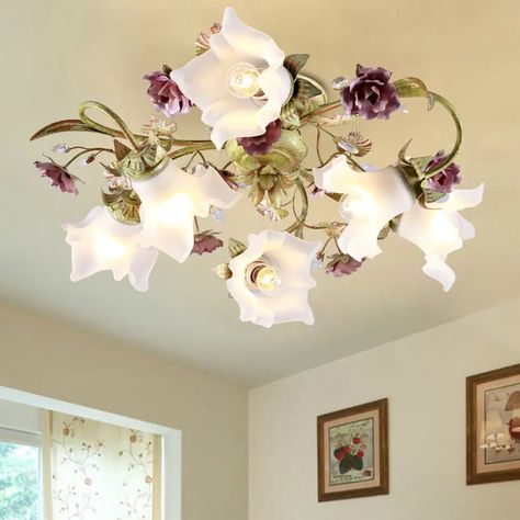 Flower Theme Room, Light Green Living Room, Cute Chandelier, Light Green Rooms, Semi Flush Light, Fairy Room, Enchanted Cottage, Chandelier Decor, Nursery Room Inspiration