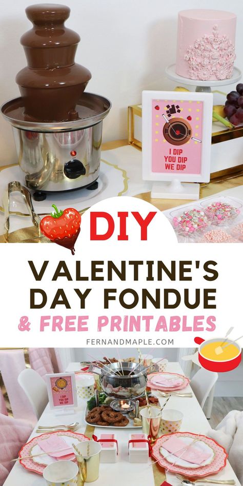 Host a fun fondue party for your friends or sweetheart with these ideas for decor, dining table setup, place settings, and dessert fondue table - plus, FREE printables! Get it all now at fernandmaple.com. Valentine Fondue Party, Valentine Fondue For Kids, Valentines Fondue Board, Galentines Party Fondue, Valentine’s Day Fondue, Valentines Fondue, Valentine Fondue, Fondue Table, Galentine Brunch