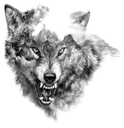 Great black and gray snarling wolf with mountains inside. Style: Black and Gray. Color: Gray. Tags: Best, Awesome, Scary Wolf Sketch Tattoo, Fernweh Tattoo, Tee Design Print, Outdoor Tattoo, Snarling Wolf, Cardinal Tattoo, Sanskrit Tattoo, Wolf Tattoo Sleeve, Lion Tattoos