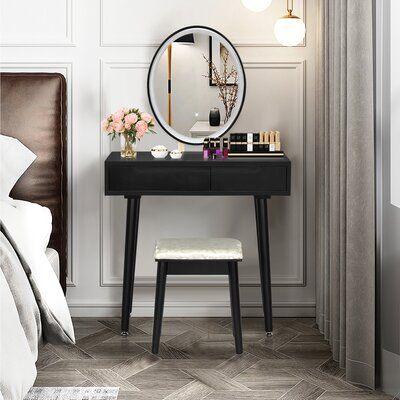 Make-up is now an important part of women in today's life. Thus you must have a beauty station that is worthy of your make-up. Simple lines and gently polished legs give transitional grace to our vanity table set. It is an ideal choice for those who are purchasing for fashion and practical function. Two drawers are designed in different sizes, one for your beauty tools, the other for your small items like cosmetics and jewelry. The LED lights give many angles to help perfect your look. | Corriga Costway Vanity, Make Up Simple, Vanity Makeup Table, Beauty Station, Makeup Station, Mirror Stool, Vanity Table Set, Wooden Vanity, Small Vanity