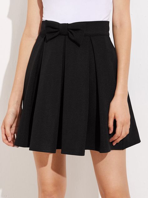 Bow Front Box Pleated Skirt -SheIn(Sheinside) Skater Skirt Black, Box Pleated Skirt, Mini Skater Skirt, Box Pleat Skirt, Textured Skirt, Latest Skirts, Skirts Online, Cute Skirts, Bottom Clothes