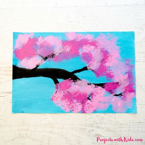 Cherry Blossom Painting with Cotton Balls Cotton Dabbing Painting, Dabbing Painting, Painting With Cotton Balls, Water Lilies Art, Spring Arts And Crafts, Scrape Painting, Blossom Painting, Cotton Painting, Spring Art Projects