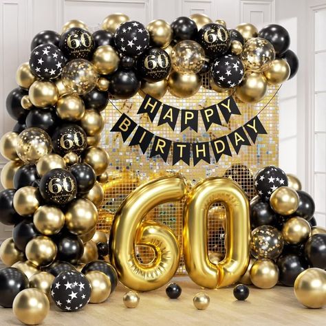 PRICES MAY VARY. 【Package Include】: The 60th birthday party decorations for men included "HAPPY BIRTHDAY" banner*1, 32inch 60th foil balloon number*1, 35pcs black latex balloons(10inch*20, 5inch*15), 40pcs metallic gold balloons(10inch*25, 5inch*15), 12inch 60th black print balloons*5, 12inch black star-print balloons*5, 12inch gold confetti balloon*5, glue dot*60, ribbon*1, decorative strip*1 【High-Quality】: The 60th black and gold birthday decorations set are unlikely to burst, ensuring securi Birthday Decorations 60th Decor, Center Piece For 60 Birthday Party, 60 Th Birthday Decoration Ideas, 60s Birthday Party Ideas For Men, Mens 60th Birthday Party Decorations, 60 Birthday Decorations For Men, Surprise 60th Birthday Ideas For Husband, 60th Balloon Ideas, 60th Birthday Balloons Decoration