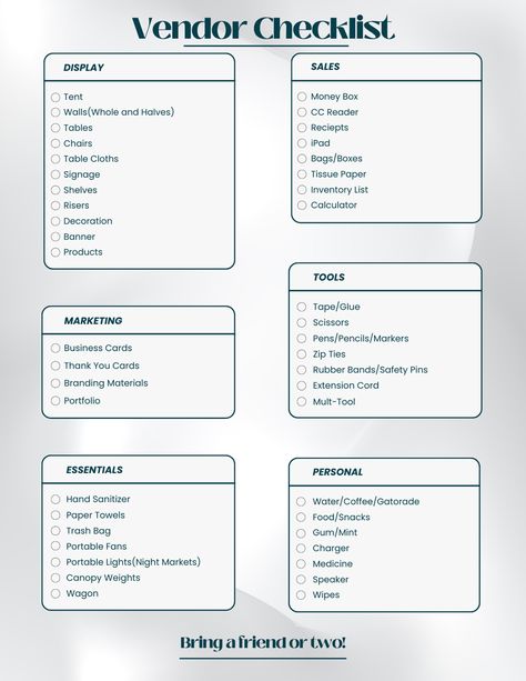 Craft Show Vendor Tips, Farmers Market Vendor Checklist, Checklist For Vendor Events, Vendor Show Checklist, Professional Vendor Booth Ideas, Craft Market Checklist, Vendor Table Sign Ideas, Games For Vendor Events, Outdoor Food Vendor Booth Ideas