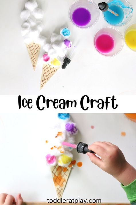 This Cotton Ball Ice Cream Craft is so fun, easy to prep and PERFECT FOR SUMMER! Create a unique painting experience for your little ones using droppers and cotton balls! You’ll be surprised how quick it is to prep too! #icecreamcrafts #finemotoractivity #summercrafts #craftsforkids #cottonballcrafts Cotton Ball Activities, Ice Cream Craft, Cotton Ball Crafts, American Flag Crafts, Easy Preschool Crafts, Ice Cream Crafts, Flag Crafts, Busy Activities, Fun Projects For Kids