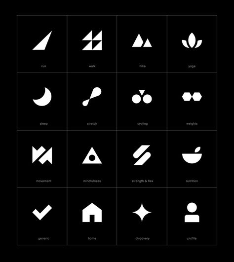 Adidas icons designed by studio TRÜF for a unique and modern fitness app. --- "The idea behind the design is to depict gestural movements and feelings in an abstract manner." --- very minimal, cool, modern and trendy looking. great use of graphic elements applied in creative manner. Tech Icon Design, Modern Iconography, Brand Iconography, Iconography Design, Create Icon, Fitness Icon, White Icons, Minimalist Icons, Beautiful Branding