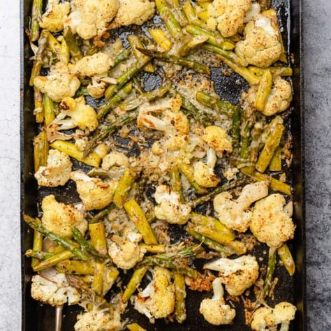 Roasted Cauliflower and Asparagus with Parmesan Cheese - A Full Living Asparagus With Parmesan Cheese, Veggie Side Dish, Oven Roasted Cauliflower, Roasted Asparagus, Veggie Side Dishes, Asparagus Recipe, Cauliflower Recipes, Roasted Cauliflower, Veggie Sides