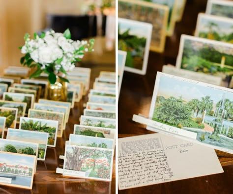 Old Florida Inspired Wedding Reception Escort Card Table with Vintage Postcards and Small White Floral with Greenery in Gold Vase | Tampa Bay Wedding Planner Glitz Events Vintage Postcards Wedding Decor, Postcard Wedding Favors, Vintage Postcard Seating Chart, Postcard Place Cards Wedding, Old Florida Wedding Invitations, Post Card Wedding Seating Chart, Card Station Wedding, Postcard Centerpiece, Vintage Postcard Wedding Invitations