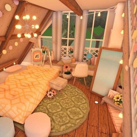 #roblox #robloxbuild #bloxburg #robloxgame Bloxburg Treehut Decal Codes, Bloxburg Apartment Living Room, Bloxburg Cottagecore, Cottage Core Bloxburg House, Loft Homes, Casas The Sims Freeplay, Bloxburg Rooms, Bloxburg Interior, Codes Bloxburg