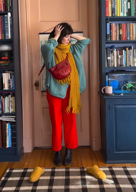 Outfit Inspo 2024 Winter, Bright Color Sweater Outfit, Artsy Colorful Outfits, Burnt Orange Turtleneck Outfit, Winter Outfits Eclectic, Artsy Formal Outfit, How To Wear Orange, Gen Z Corporate Fashion, Bright Color Fall Outfits