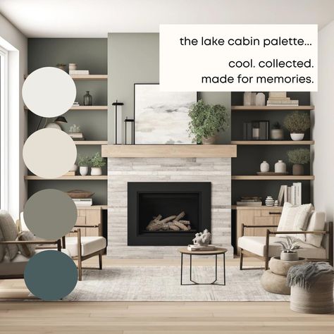 Lake Cabin Benjamin Moore Paint Palette, Calm Neutral Interior Paint C – Millie Hart Interiors Neutral Cabin Decor, Fireplace Wall Paint Ideas, Cabin Wall Colors, Craftsman Paint Colors, Hart Interiors, Lake House Paint Colors, Magical Treehouse, Sherwin Williams Paint Neutral, House Color Schemes Interior