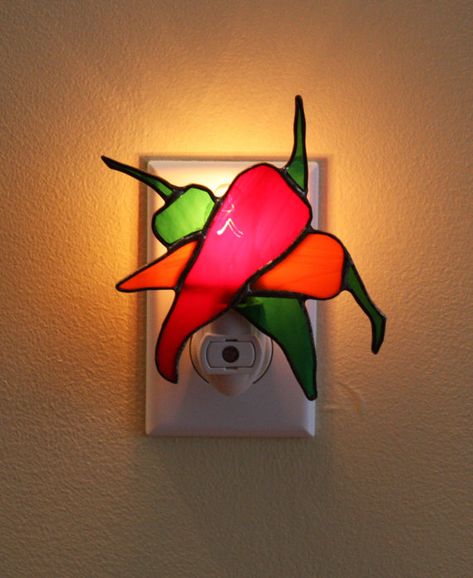 Stained Glass Nightlight, Stained Glass Night Lights Patterns, Stained Glass Night Lights, Stained Glass Rose, Green Chili Peppers, Stained Glass Patterns Free, Stained Glass Light, Painted Glass Art, Stained Glass Decor