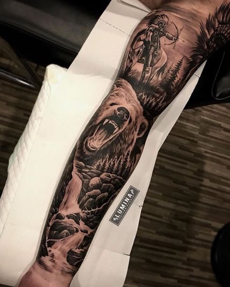 Cowboy Vs Indian Tattoo, Indian Girl Tattoos, Outlaw Tattoo, Egyptian Tattoo Sleeve, Cowboy Tattoos, Wolf Tattoo Sleeve, Full Leg Tattoos, Animal Tattoo Ideas, Native American Tattoos