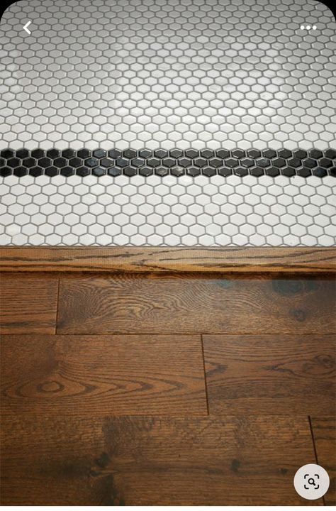 Vintage Kitchen Floor Tile, White Penny Tile Dark Grout, Penny Tile Hallway, Vintage Tile Floor Entryway, Penny Tile Floor Pattern, Hex Floor Tile Bathroom, Penny Tile Entryway, Penny Tile Words, Hexagon Tile Kitchen Floor