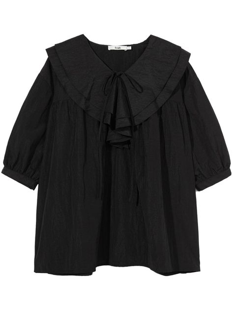 black poplin texture layered details ruffled detailing draped detailing ruffle collar front tie fastening half-length sleeves straight hem Ruffles Fashion Runway, Cold Weather Outfit, Fashion Tops Blouse, Ruffles Fashion, Ruffle Collar, Blouse Black, Work Casual, Black Outfit, Black Blouse