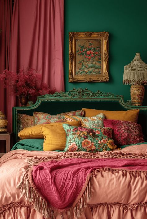 Frida Bedroom Ideas, Mid Mod Bedroom Decor, French Maximalist Bedroom, Cozy Art Deco Bedroom, Emerald Green Maximalist Bedroom, Dark Pink Bedroom Aesthetic, Art Deco Maximalist Decor, French Art Deco Bedroom, Boho Art Deco Bedroom