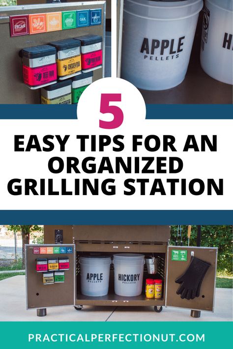 Tired of your grilling supplies overtaking your kitchen? Put all of your tools in one organized place so you have them exactly when you need them! #summertime #summerbbq #bbqtips #outdoorgrillingstation #grillingstation #organizedgrillingstation Outdoor Kitchen Organization, Outdoor Grilling Station, Grill Surround, Organizing Hacks Dollar Stores, Grilling Station, Grill Ideas, Outdoor Organization, Outdoor Grill Station, Free Printables Organization