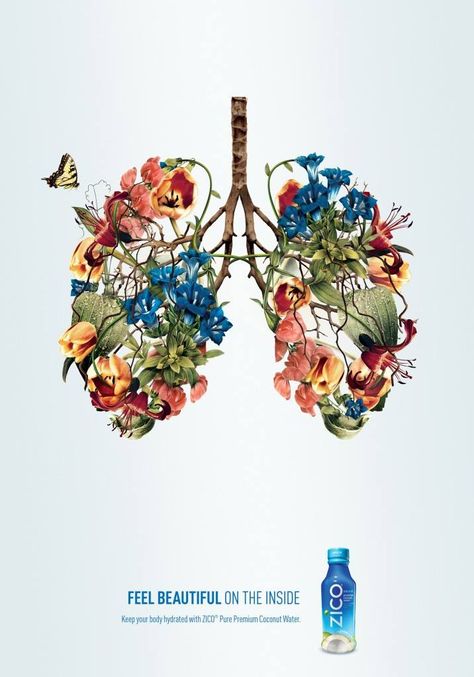 Zico, Coconut water, July 2015, Health conscious people, specifically women  Portraying beautifully illustrated flower lungs -  or a heart and a brain-, Zico suggests that by drinking the coconut water, consumers can achieve healthiness - inner beauty. Zico's "Feel Beautiful on the Inside" print ad does not only fit to the current health-conscious trend, but the image of elegant flower-organ also recalls feelings of being treated by nature and becoming healthy and beautiful by drinking Zico. Beautiful On The Inside, 16 Tattoo, David Goliath, 광고 디자인, Publicidad Creativa, Plakat Design, Poster Ads, Medical Art, Zico