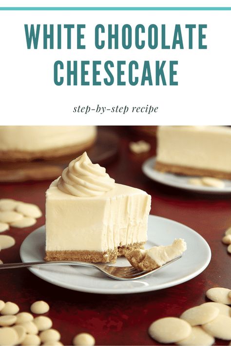 Easy White Chocolate Cheesecake, Mini White Chocolate Cheesecake, White Chocolate Cheesecake Pie, No Bake White Chocolate Cheesecake, White Choc Chip Cookies, White Chocolate Cheesecake Recipes, Baked White Chocolate Cheesecake, Chocolate Traybake, Chocolate Cheesecake Bars