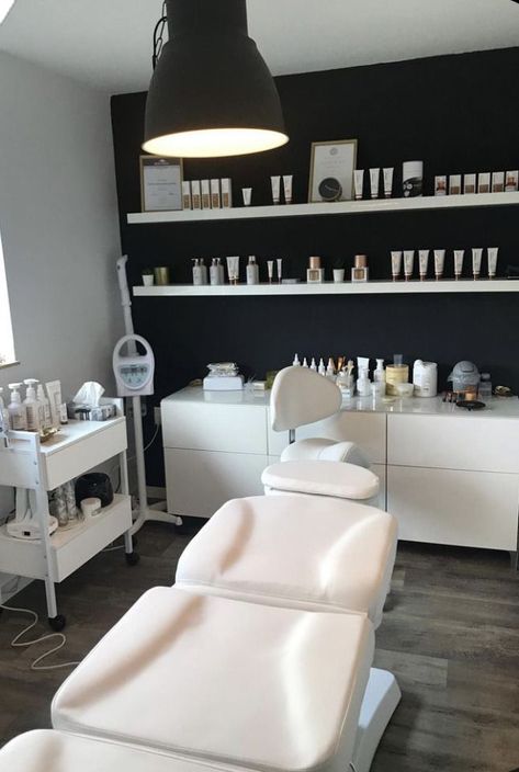 Beautition Salon, Graduate Esthetician School, Facial Machine Salon Equipment, Dream Esthetician Room, Black Accent Wall Lash Room, Pmu Work Station, Spa Decor Ideas Estheticians Luxe, Esthetician Room Decor Modern, Esthetician Shelves