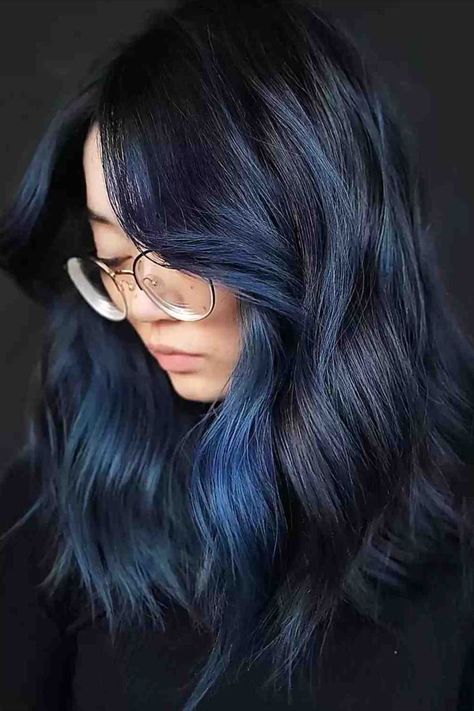 Soft Metallic Blue Money Piece Balayage for Dark Hair with Medium Cut Dark Root Blue Hair, Blue Black Hair With Money Piece, Black Hair Blue Money Piece, Blue Baylage Hair Dark, Dark Blue Money Piece Hair, Winter Blue Hair, Metallic Blue Hair, Blue Money Piece Hair, Blue Money Piece