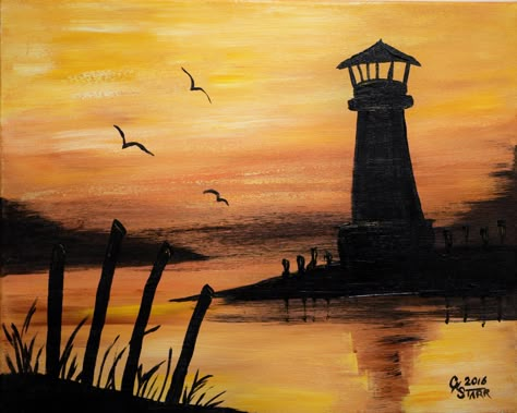 The warm colors invite you into this serene setting of a lighthouse at sunset. The cast shadows signal the birds its time to call it a day. The lighthouse will stand diligently while we sleep. Signed by the artist. Dated: 2016 Dimension: 20"x16"Medium: Acrylic PaintMaterial: Stretched Cotton Canvas Depth of Canvas: 3/4" (Will protrude from the wall 3/4")Ready to Hang: Sides are painted and a wire is included across the back. Easy to hang. Frame: Not included unless requested for an additional ch Lighthouse Painting Easy Step By Step, Light House Paintings Easy, Money Paintings, Acrylic Art Projects, Lighthouse Painting, Silhouette Painting, Dimension 20, Canvas Painting Designs, Landscape Art Painting