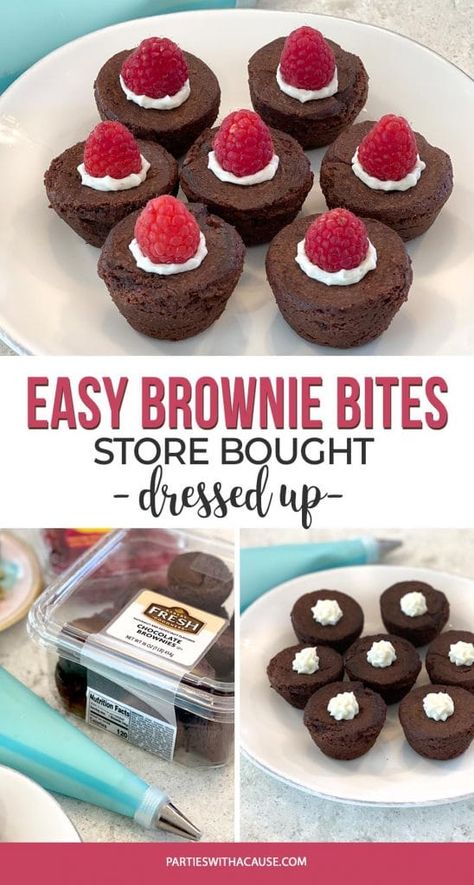 Brownie bites are a crowd favorite. Now you can dress up store bought treats to save time and have a wonderful presentation! Get my list of favorite brownie bite store brands. You can also make brownie bites from mix boxes or your favorite brownie bite recipe of course. Whatever your time frame allows. PartiesWithACause.com #browniebites #bridalshowerfood #prettyfood Brownie Appetizers, Mini Brownie Christmas Treats, Brownie Treat Ideas, Brownie Bites Dessert Table, Store Bought Dessert Table, Brownies With Decorations, Best Store Bought Dessert, Brownie Bits Ideas, Fancy Brownies Pretty