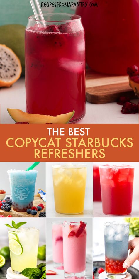 Starbucks Refreshers fans, this is the copycat recipe collection you've been waiting for! It's quick and easy to make all your favorite delicious thirst-quenching Starbucks Refreshers drinks recipes at home. Skip the lines, save money, and make homemade versions of Summer Berry Refresher, Pink Drink, Mango Dragonfruit Refresher, healthy iced green tea lemonade, and more! #starbucksrefreshers #starbuckscopycat Mango Lemonade Starbucks, Starbucks Secret Menu Drinks Pink Drink, Ninja Drink Recipes, Refreshing Drinks Recipes Easy, Drinks To Make Without A Blender, Fruit Refresher Drinks, Healthy Refresher Drinks, Homemade Refreshing Drinks, Tea Refresher Recipes