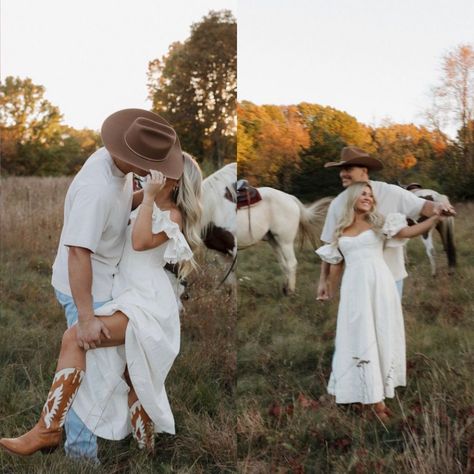 Western Engagement Pictures White Dress, Engagement Photos Outfits Cowboy Boots, Couple Engagement Pictures Outfit Ideas, Western Engagement Outfits Women, Cowboy And Cowgirl Photoshoot, Engagement Shoot Dresses, Engagement Photos Cowboy Boots, Western Engagement Shoot, Boho Western Engagement Photos