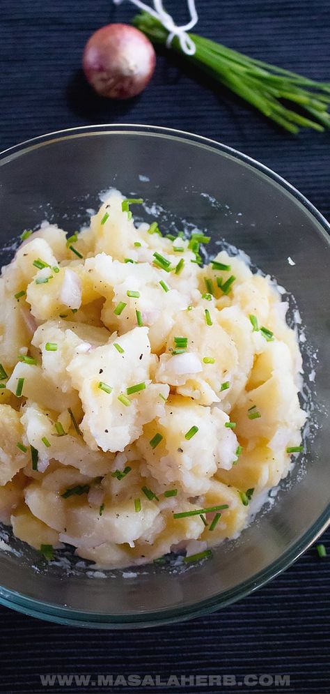 Authentic German Potato Salad Recipe [Bavarian], warm potato salad from south Germany state of Bavaria province Swabia. Popular all year round salad in the regions even across borders. Serve with meat rouladen, schnitzel, pork roast, sausages, dumplings, fish, bbq as a salad side dish. traditional potato salad with few ingredients with oil and vinegar dressing and chive garnish. hot german potato salad, old-fashioned, traditional, homemade family salad. www.MasalaHerb.com Bavarian Potato Salad, Authentic German Potato Salad, Fish Bbq, Family Salad, Warm Potato Salad, German Potato Salad Recipe, Potato Salad Dill, South Germany, Bavarian Recipes