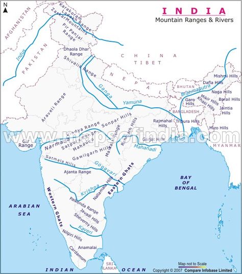 The map showing hills and rivers. River Map Of India, Indian River Map, Rivers Of India, India World Map, Mountains In India, World Geography Map, Basic Geography, Map Of India, Upsc Notes